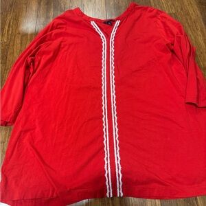 Lands End Vibrant Red Tunic Top with White Lace Accent 3/4 sleeves  2x 20w-22w